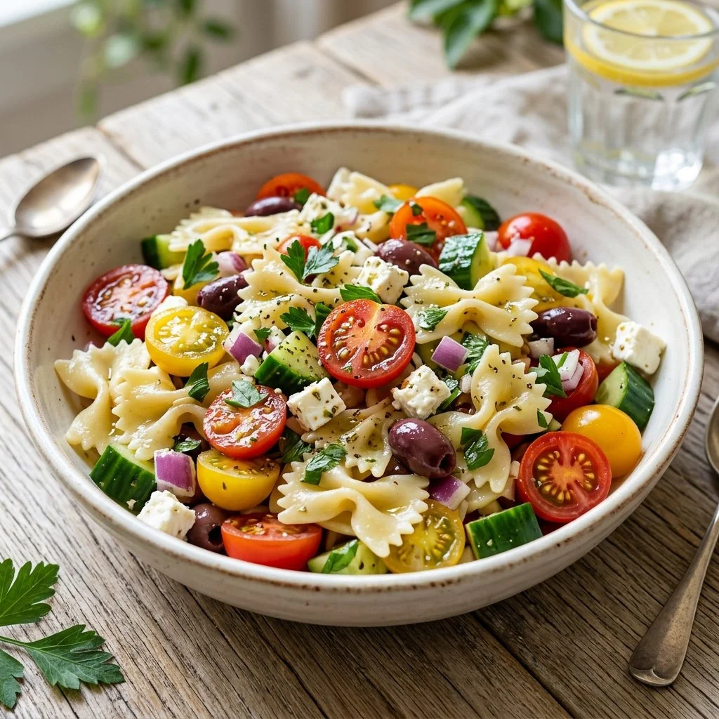 Colorful Mediterranean Pasta Salad with veggies and dressing