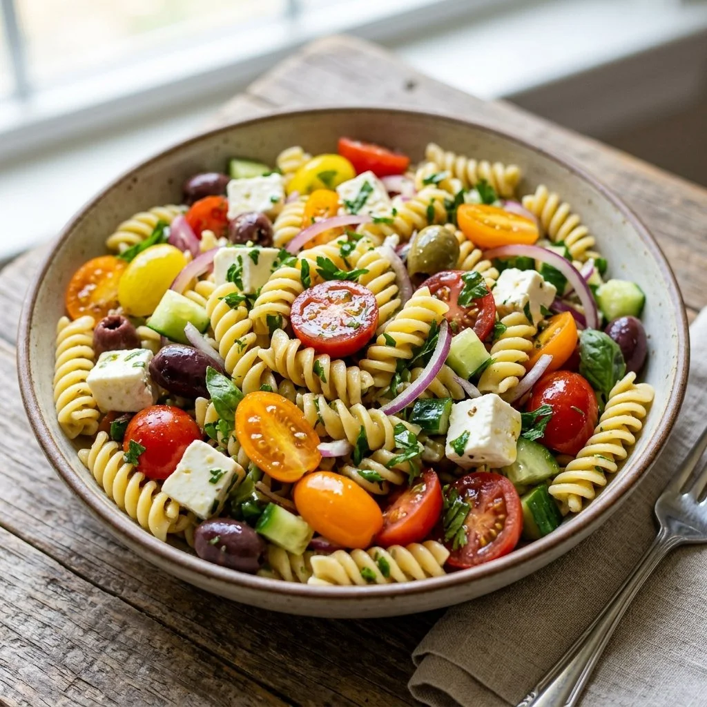 Delicious Mediterranean Pasta Salad with fresh vegetables and olives
