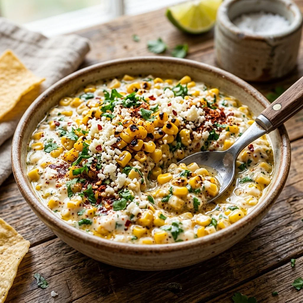 Delicious Mexican Street Corn Dip in a bowl with corn and toppings