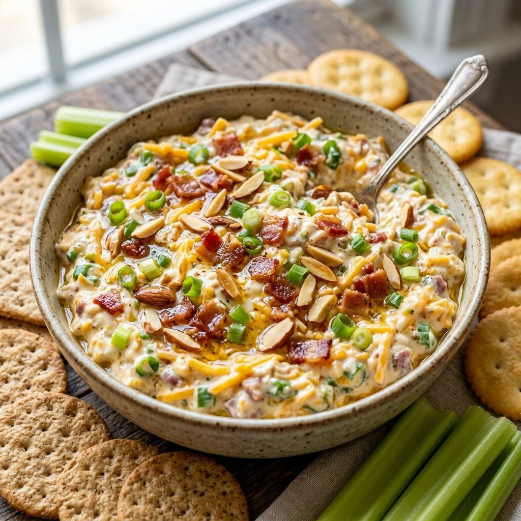 Delicious Million Dollar Dip served in a bowl with chips on the side