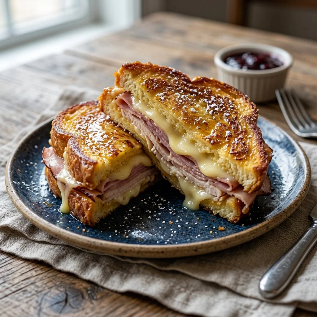 Delicious Monte Cristo sandwich with layers of ham, turkey, and melted cheese.