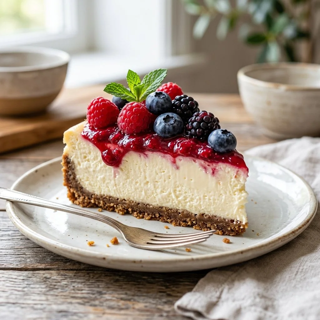 Delicious no bake cheesecake topped with fresh strawberries and a graham cracker crust.
