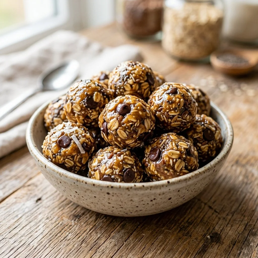 No bake energy bites with oats, honey, and chocolate chips in a bowl