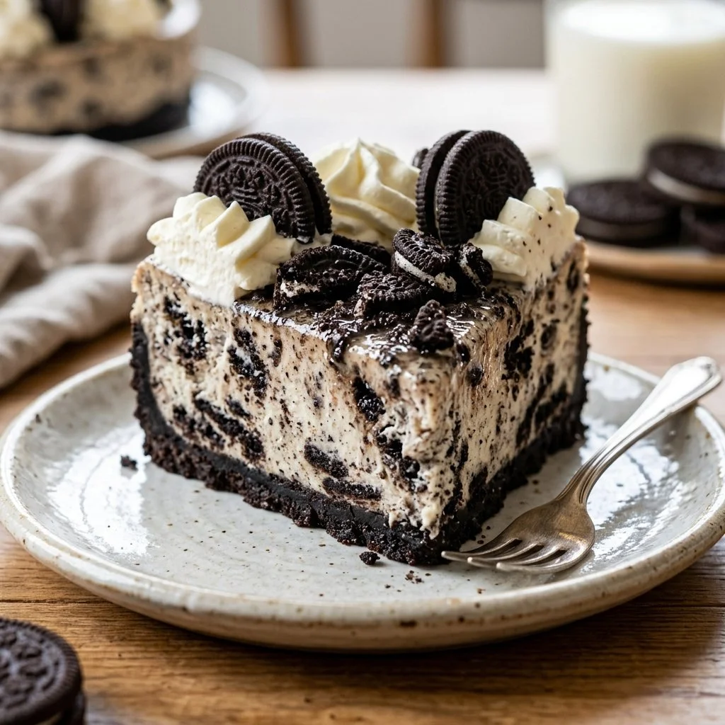 Delicious no-bake Oreo cheesecake topped with crushed Oreos.