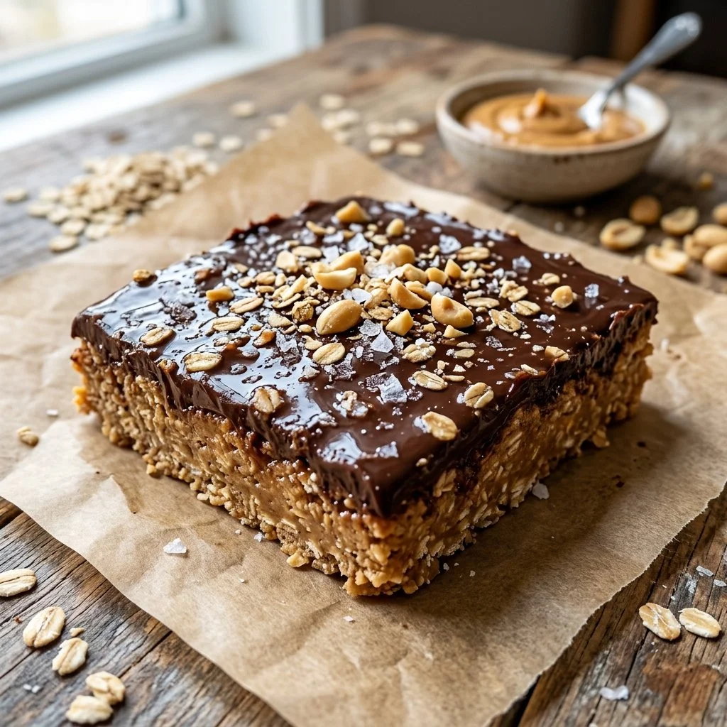 Delicious no-bake peanut butter bars on a white plate