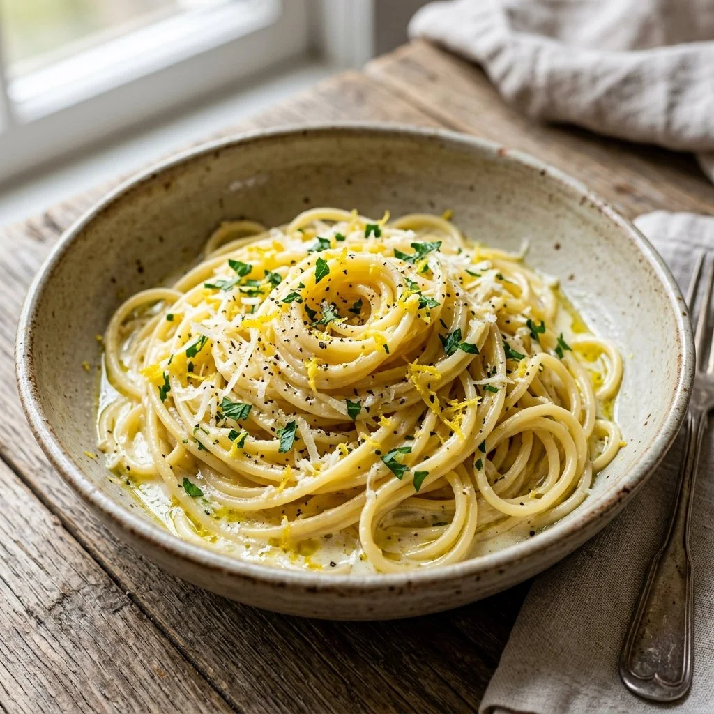 One Pot Lemon Pasta served in a bowl with fresh herbs and lemon zest