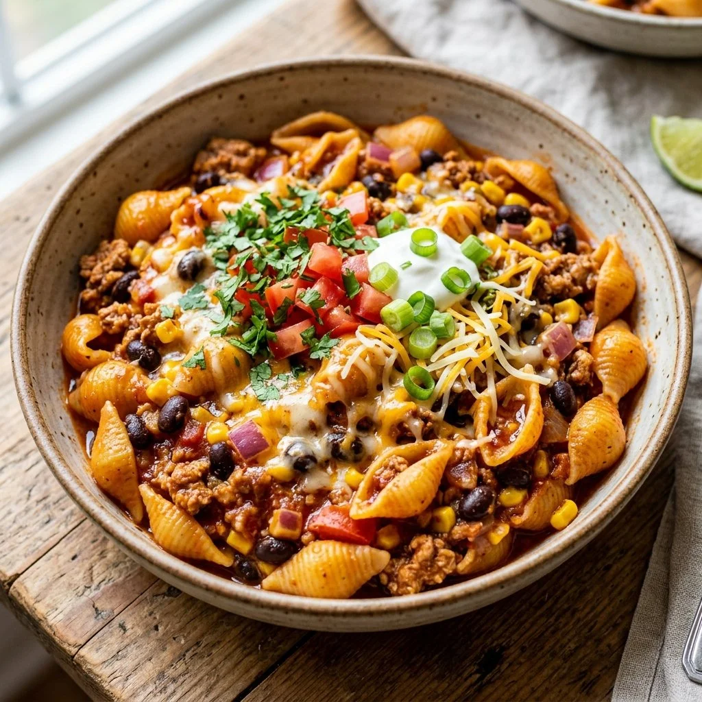 One Pot Turkey Taco Pasta in a skillet, garnished with cilantro and cheese