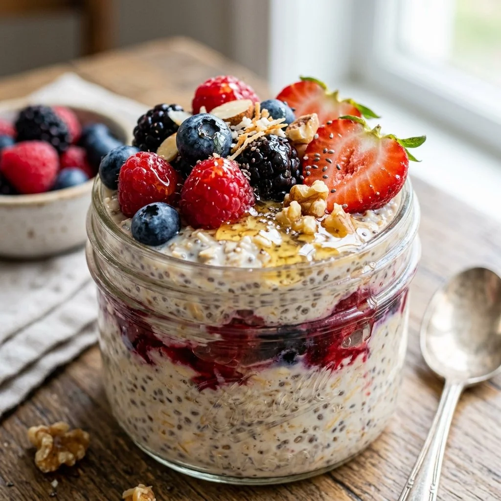 Bowl of overnight chia oats topped with fresh fruits and nuts