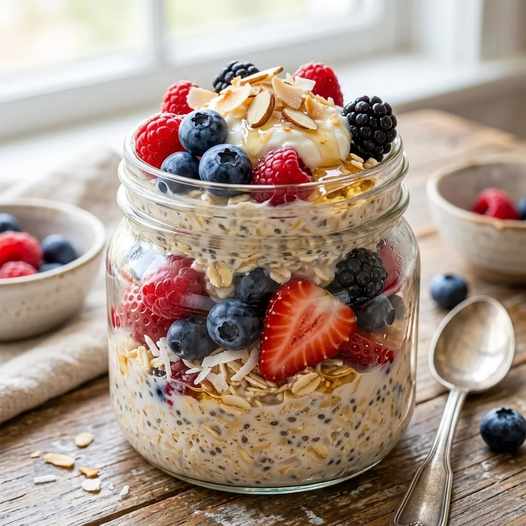 Bowl of colorful overnight oats topped with fruits and nuts.