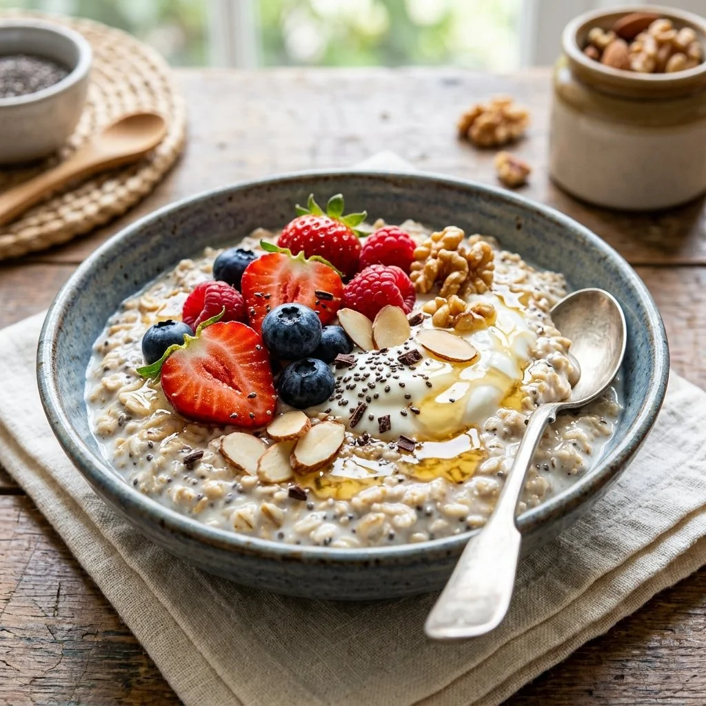 Bowl of creamy overnight oats topped with fresh fruits and nuts