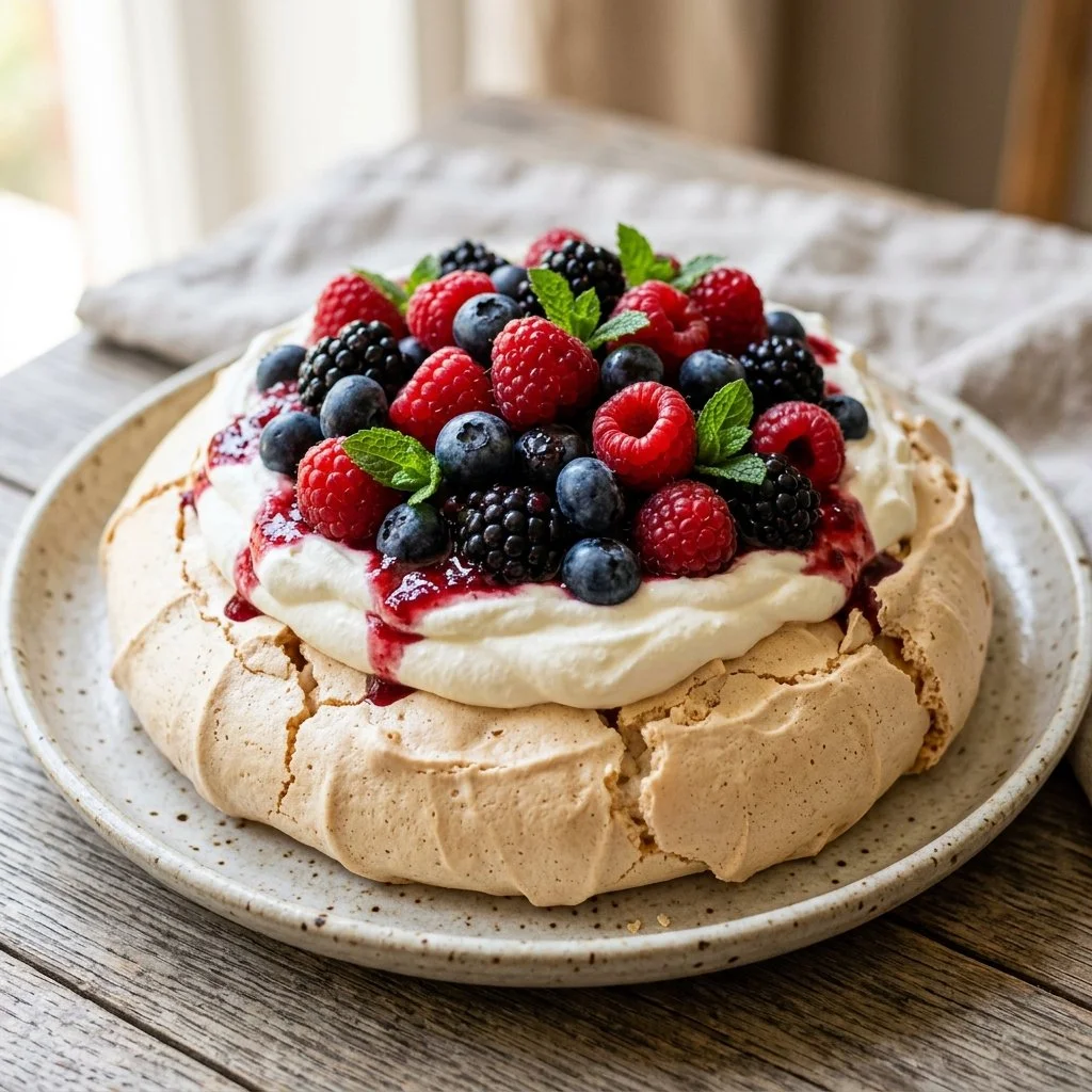 Pavlova dessert topped with fresh berries and whipped cream on a plate