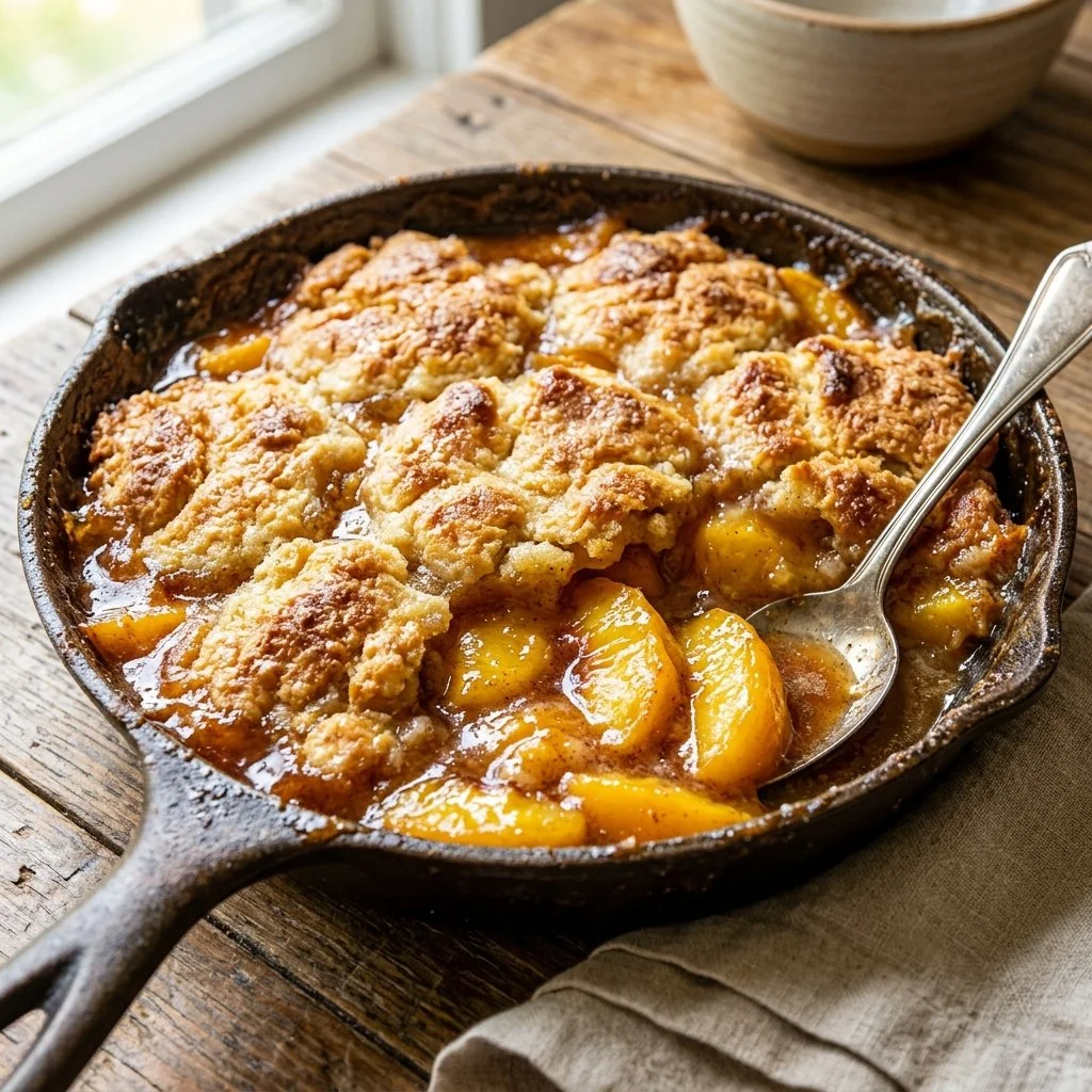 Delicious homemade Peach Cobbler served warm with vanilla ice cream