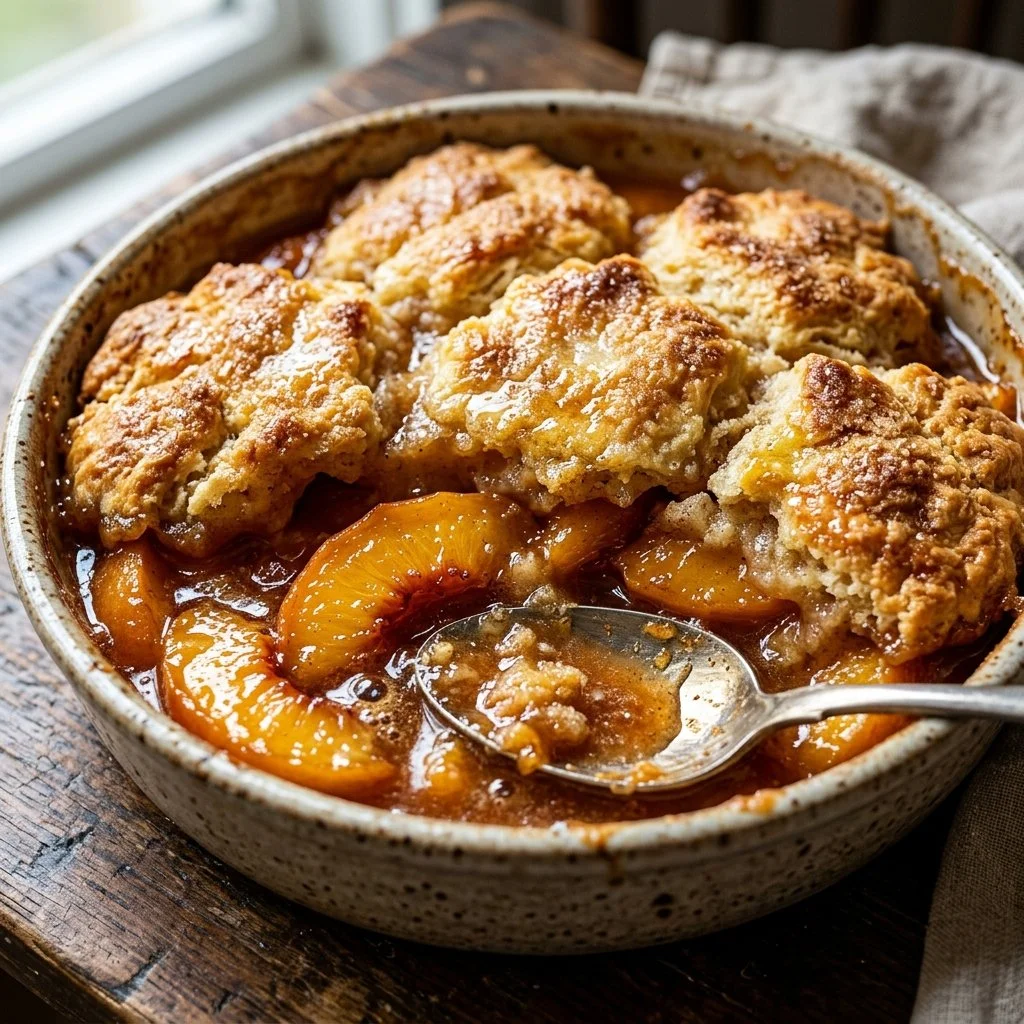 Delicious homemade Peach Cobbler served in a rustic dish