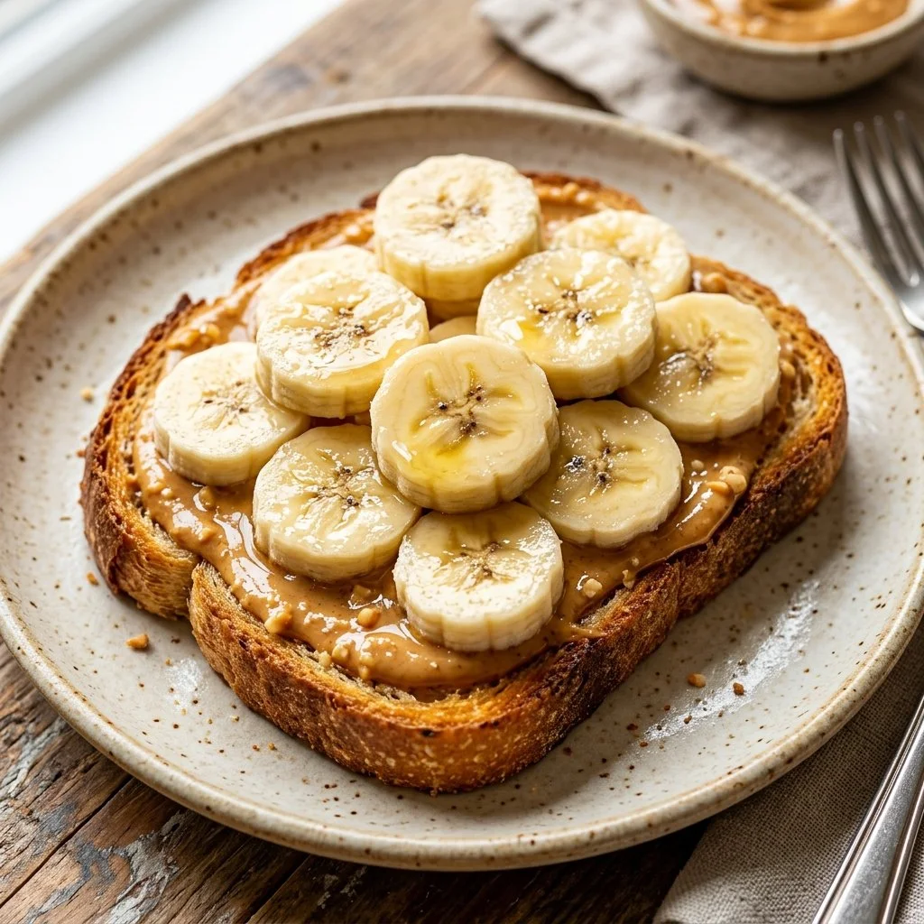 Peanut butter banana toast topped with sliced bananas and drizzled with honey.