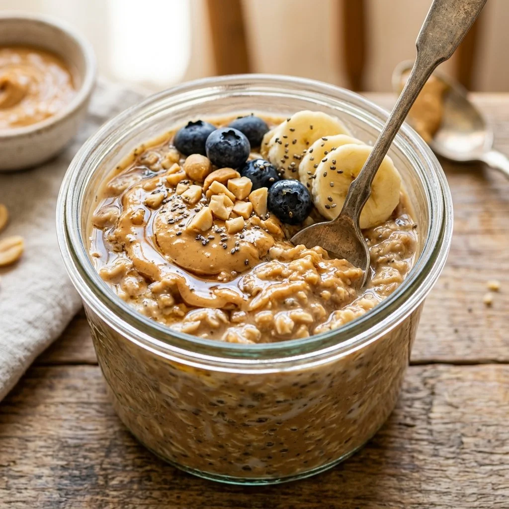 Bowl of peanut butter overnight oats topped with fruits and nuts