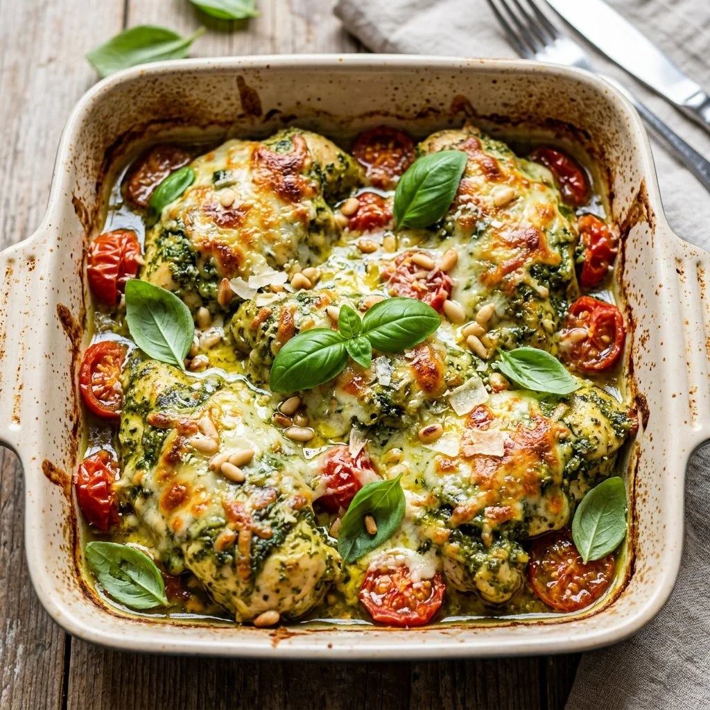 Pesto Chicken Bake dish with vibrant colors and garnishes