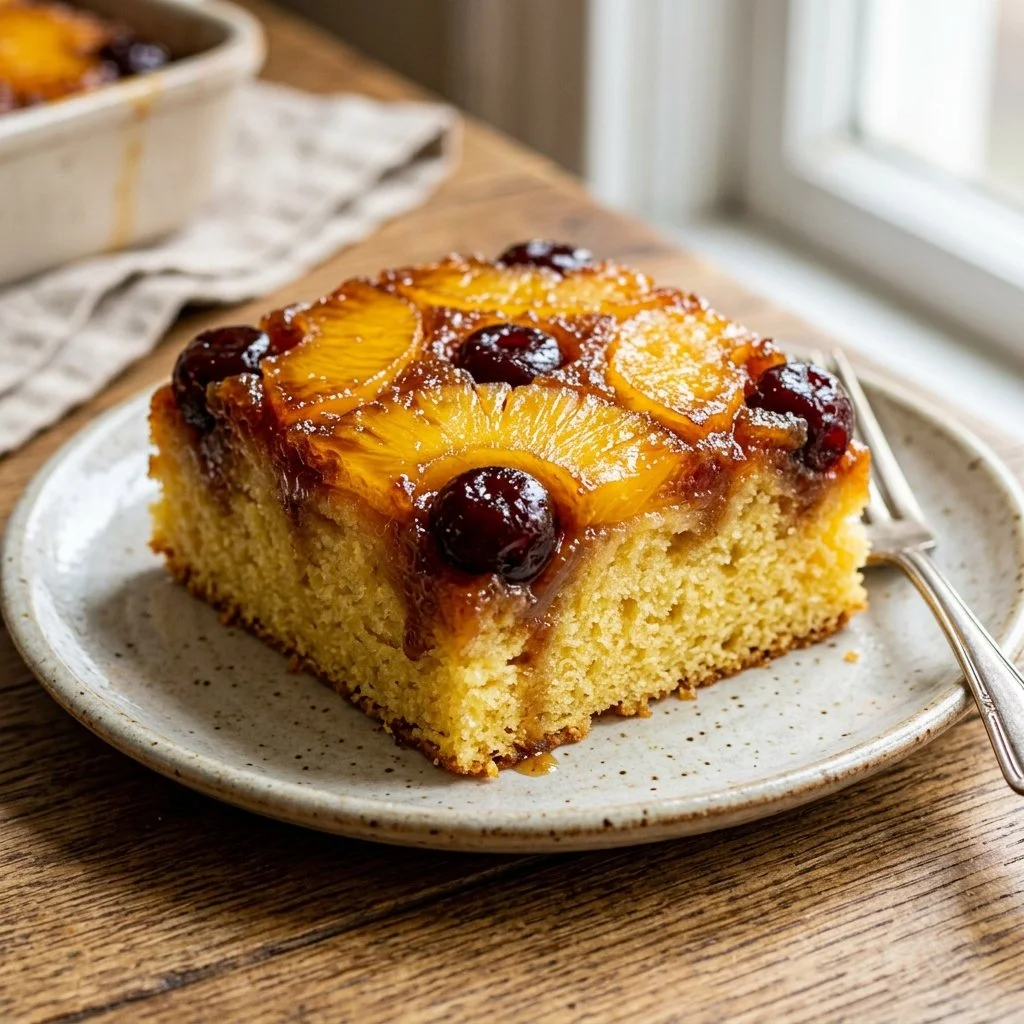 Deliciously baked Pineapple Upside Down Cake with caramelized pineapple topping