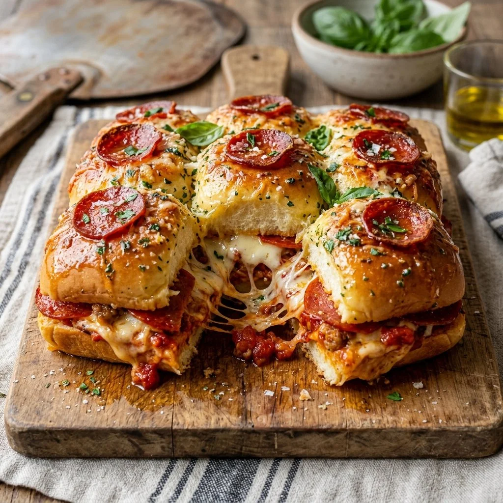 Plate of tasty pizza sliders with cheese and toppings