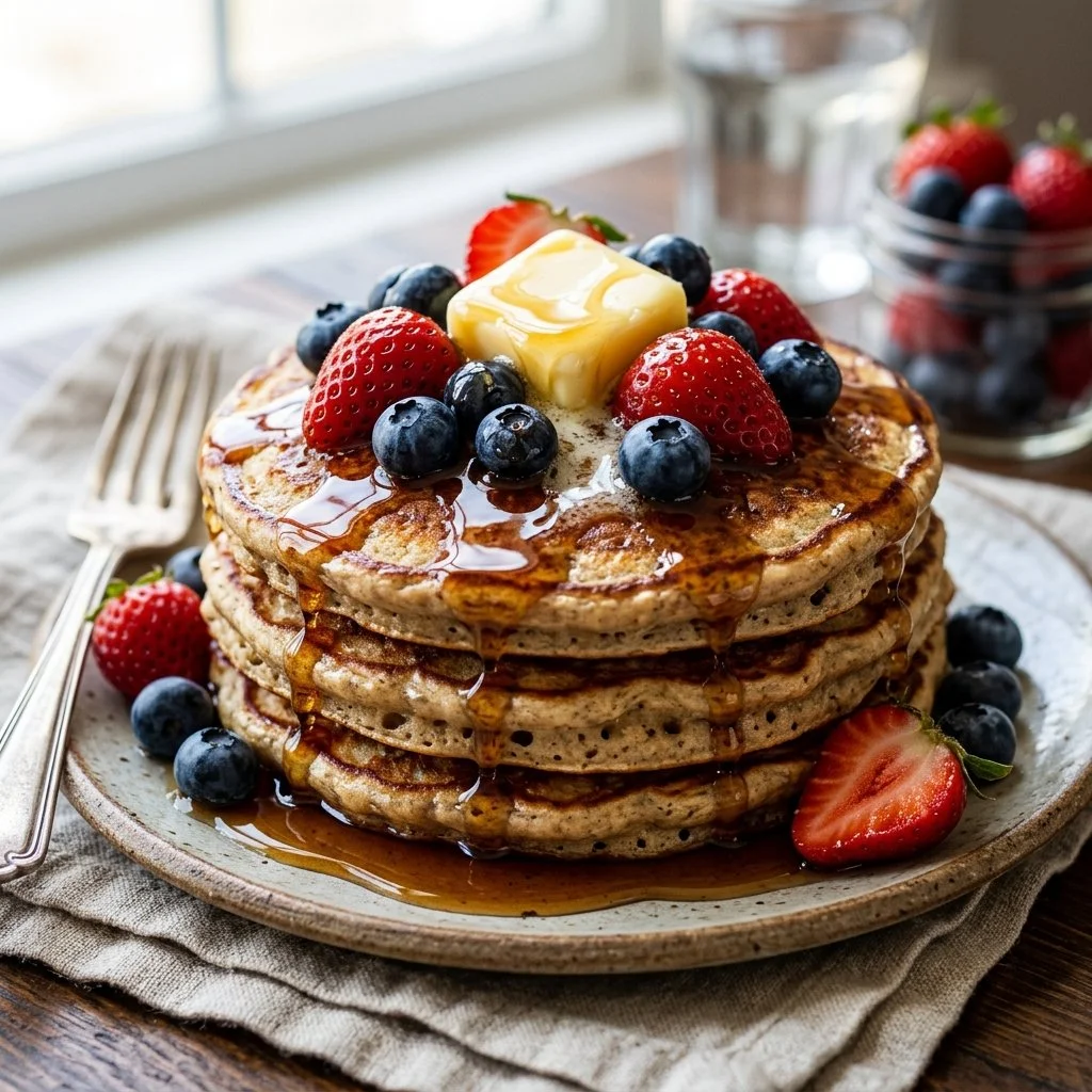 Delicious protein pancakes served with fruit and syrup