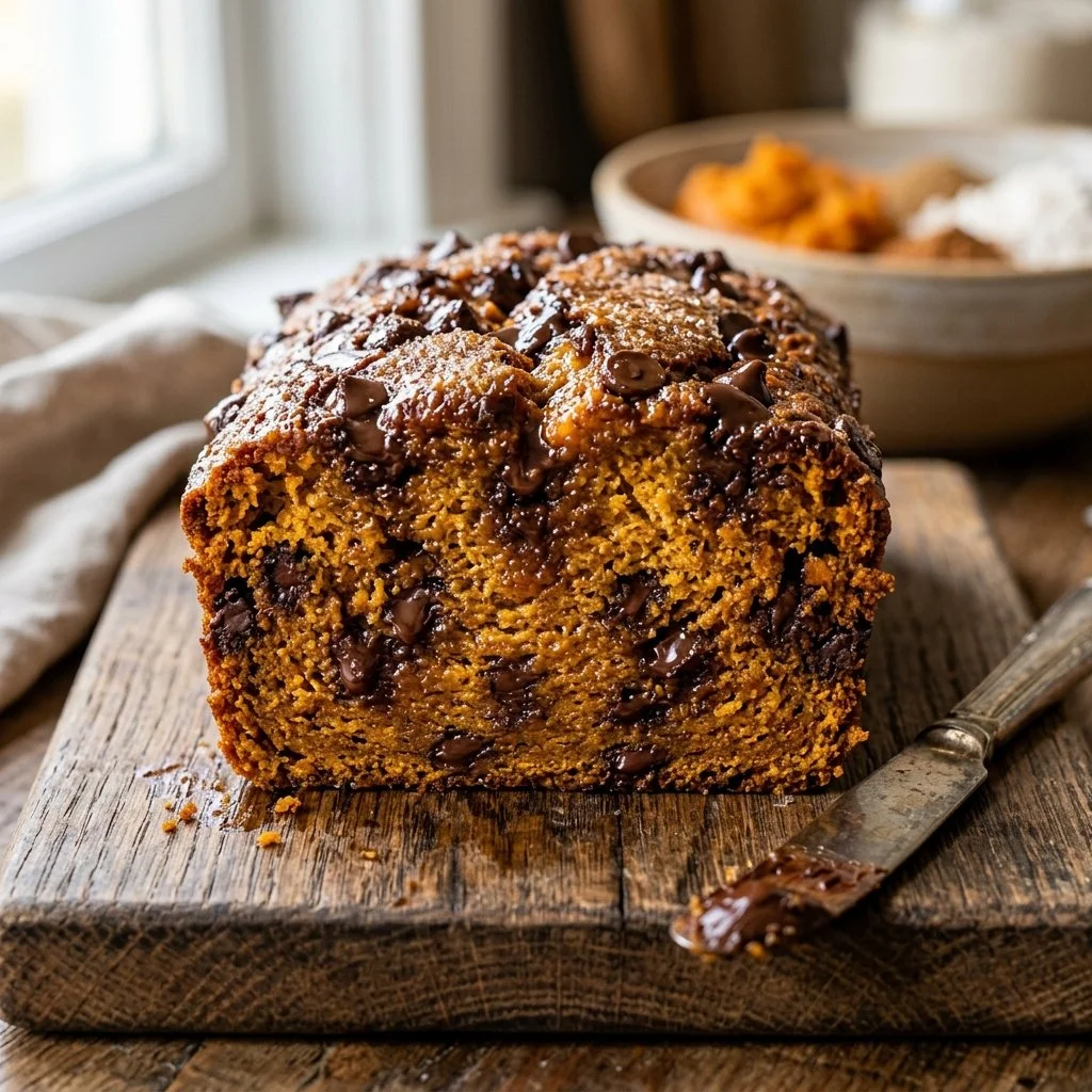 Freshly baked Pumpkin Chocolate Chip Bread with chocolate chips