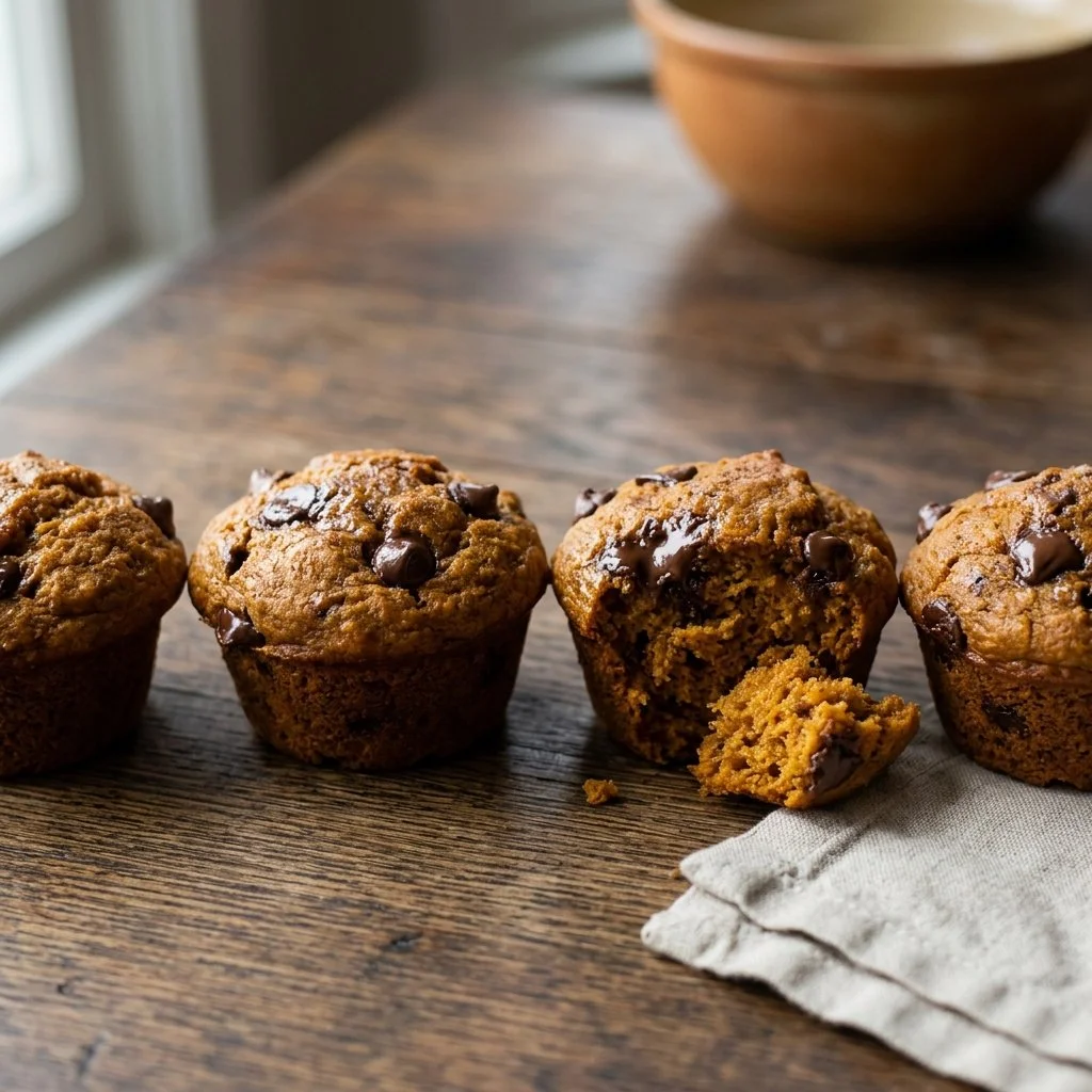 Freshly baked Pumpkin Chocolate Chip Muffins with chocolate chips