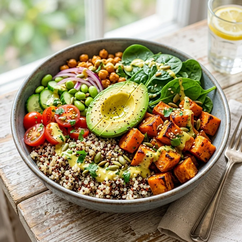 Colorful quinoa power bowl topped with fresh vegetables and dressing