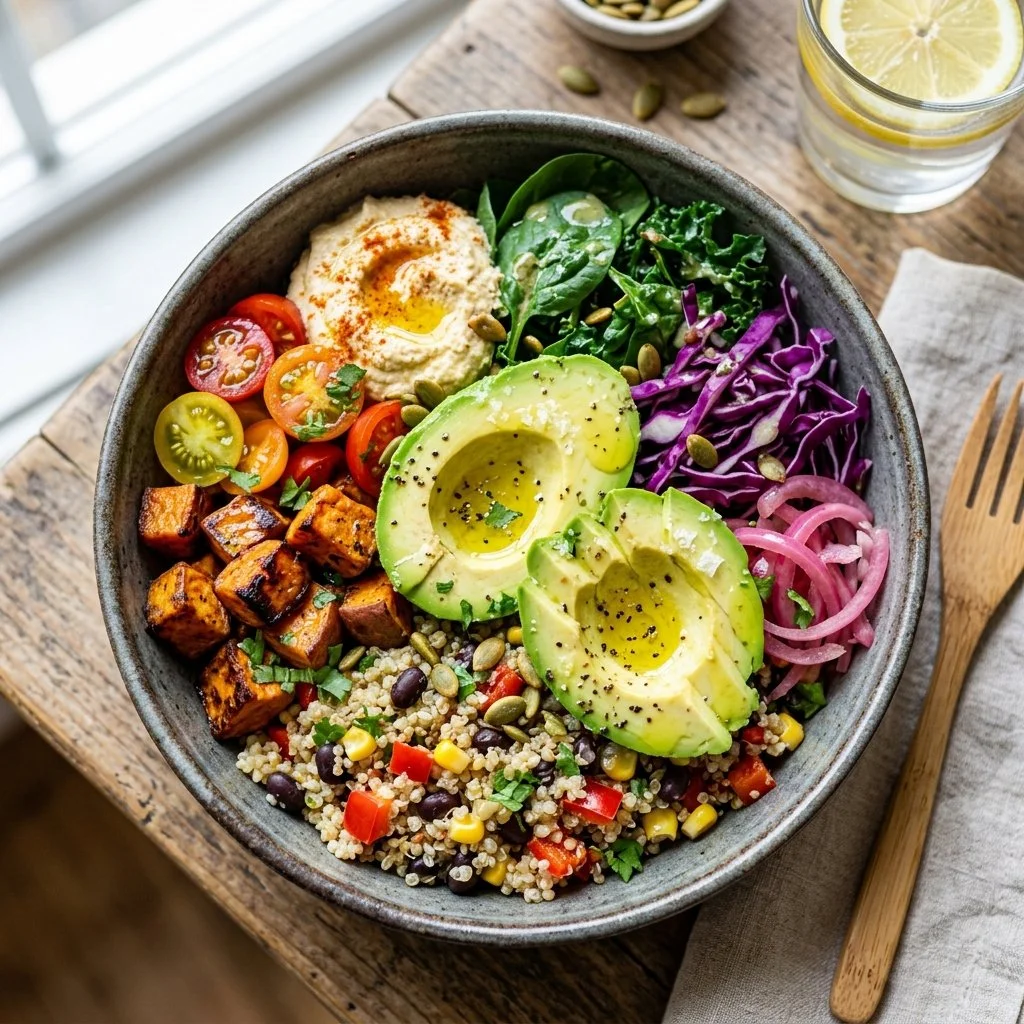 Colorful quinoa power bowl with fresh vegetables and toppings