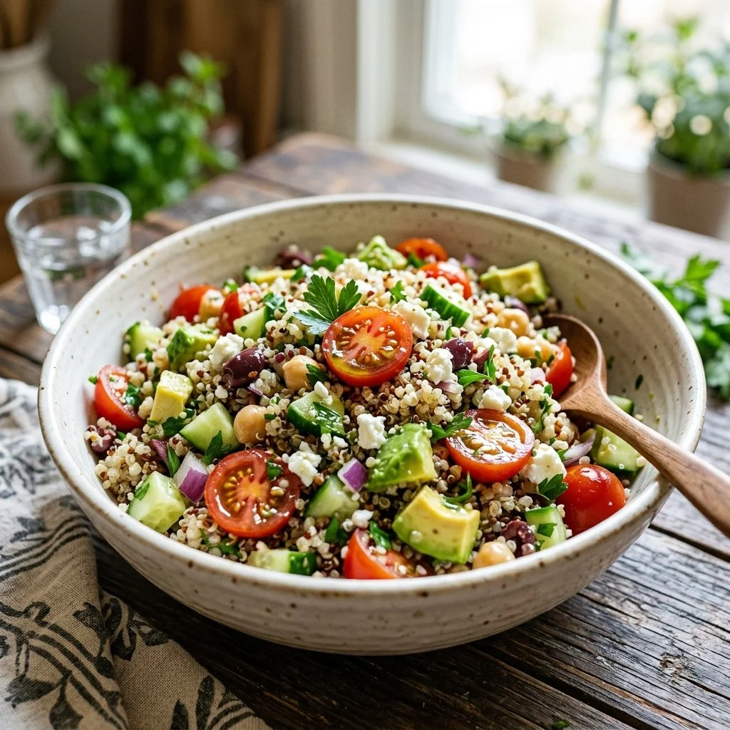 Colorful quinoa salad bowl with fresh vegetables and dressing for a healthy meal