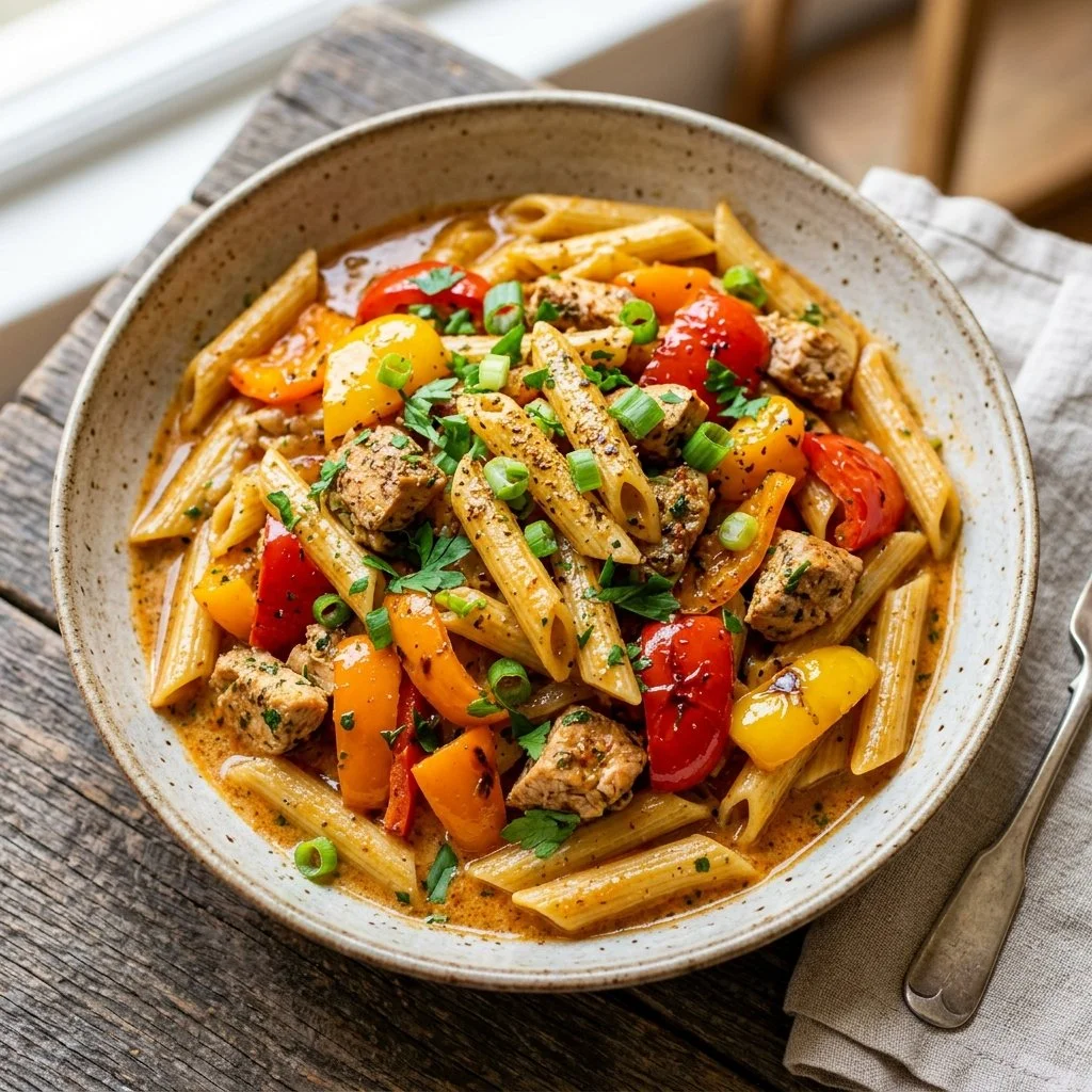 A bowl of Rasta Pasta with colorful vegetables and herbs, reflecting Caribbean cuisine.