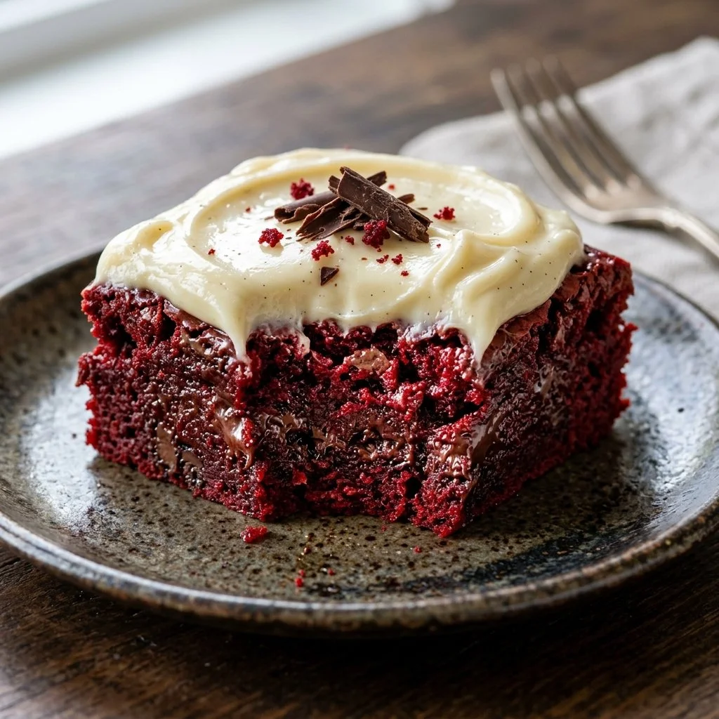 Delicious red velvet brownies topped with cream cheese frosting