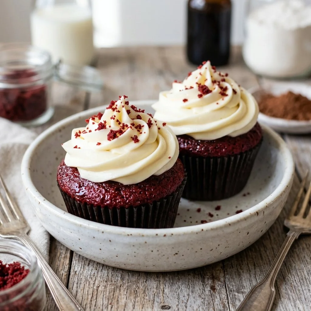 Delicious red velvet cupcakes with cream cheese frosting on a rustic wooden table.