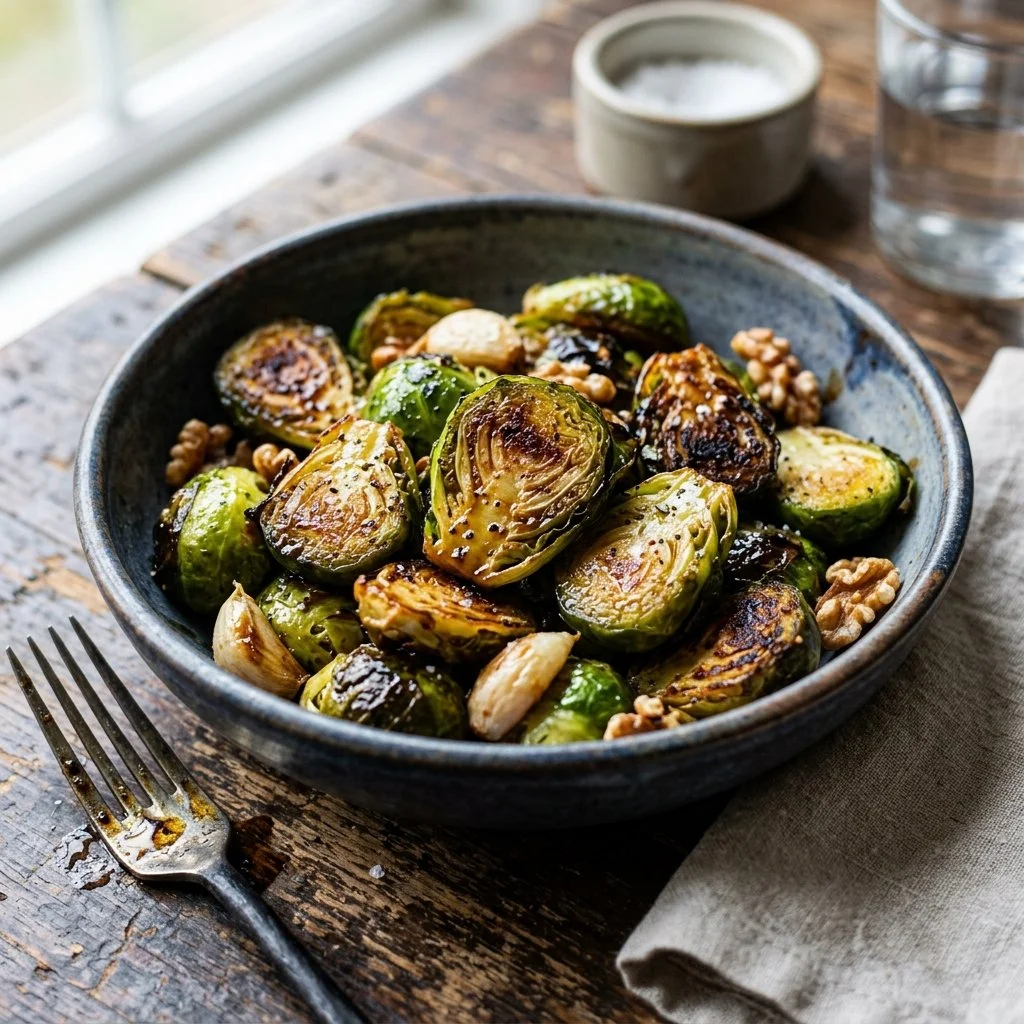 Oven-roasted Brussels sprouts served on a plate with seasoning.