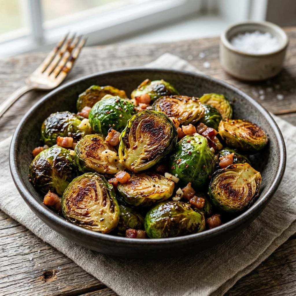 Plate of crispy roasted Brussels sprouts served as a healthy side dish.