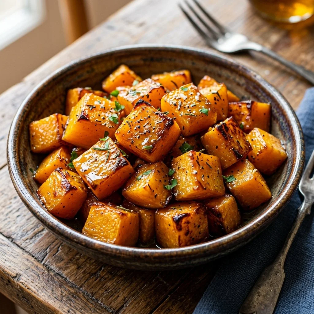 A bowl of roasted butternut squash garnished with herbs and spices.