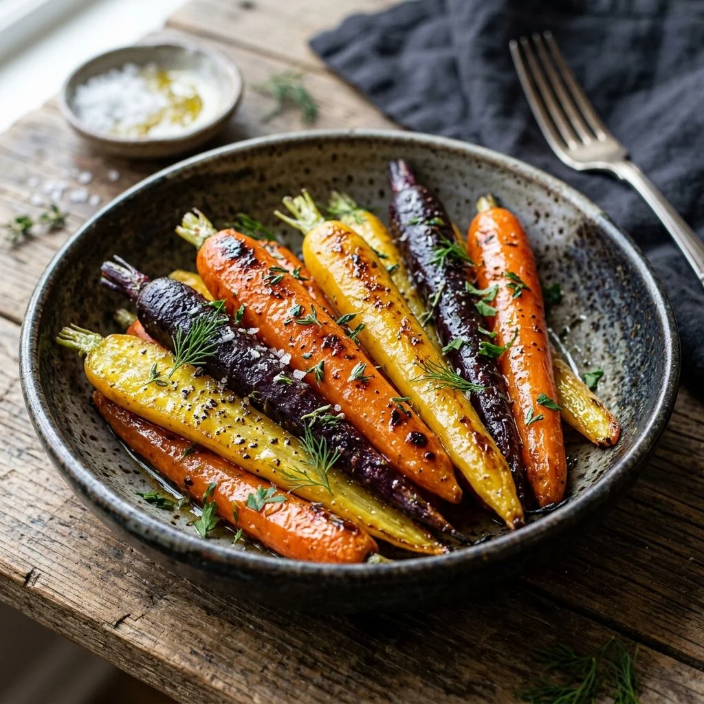 Oven-roasted carrots garnished with herbs and spices.