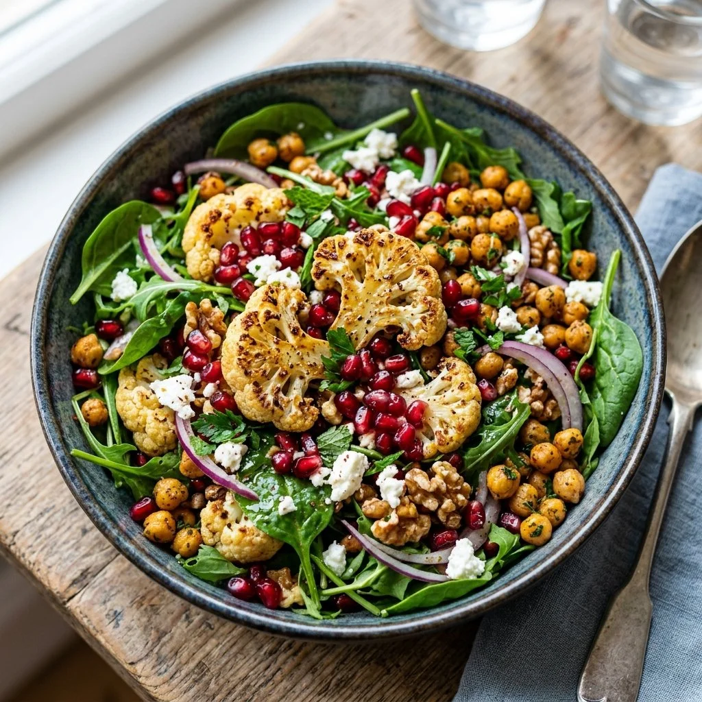 Roasted cauliflower salad with fresh ingredients and vibrant colors