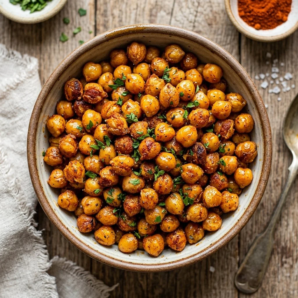 Bowl of crispy roasted chickpeas, a healthy snack alternative