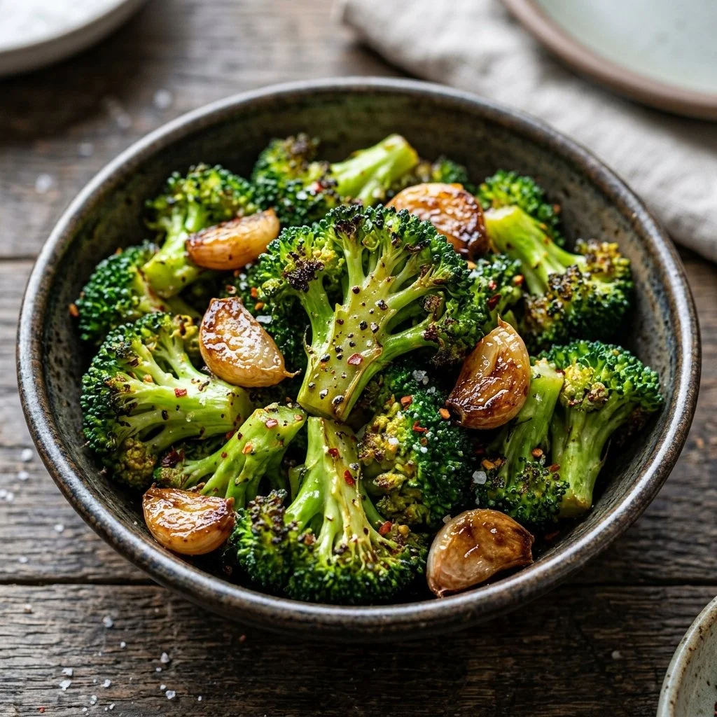 Vibrant roasted garlic broccoli served on a plate, garnished for a delicious side dish.