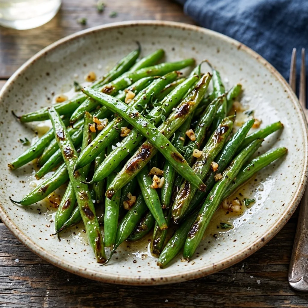 Delicious roasted green beans served on a plate with seasonings