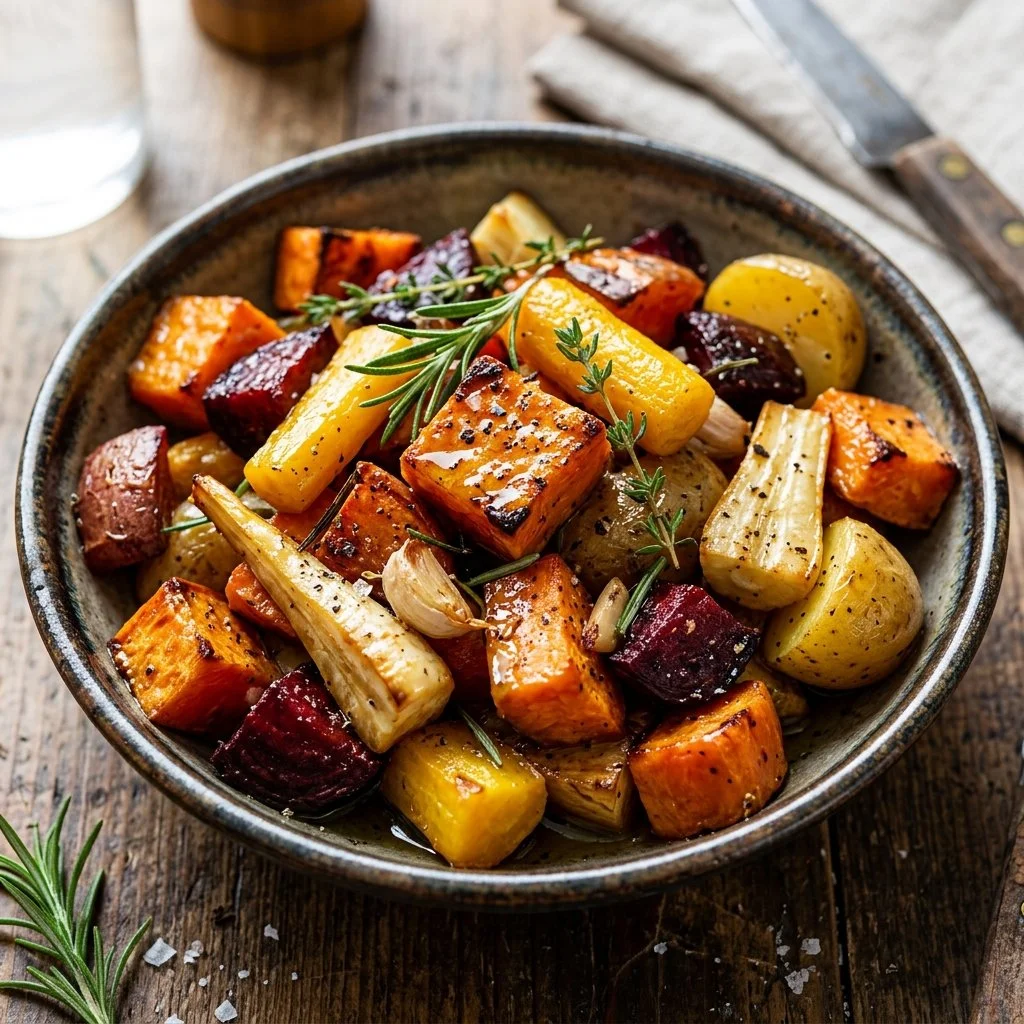 Colorful roasted root vegetables on a serving dish, showcasing a variety of flavors.