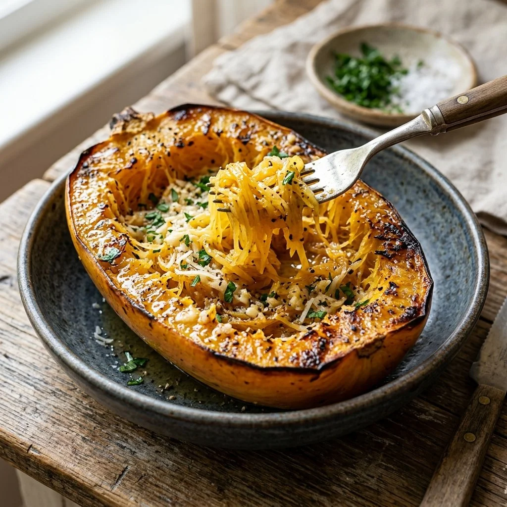 Roasted spaghetti squash served in a bowl with spices and herbs