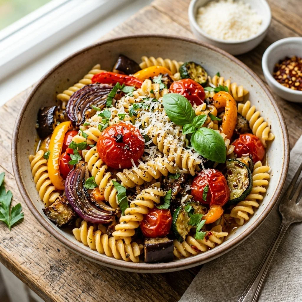 Delicious roasted veggie pasta dish served with colorful vegetables