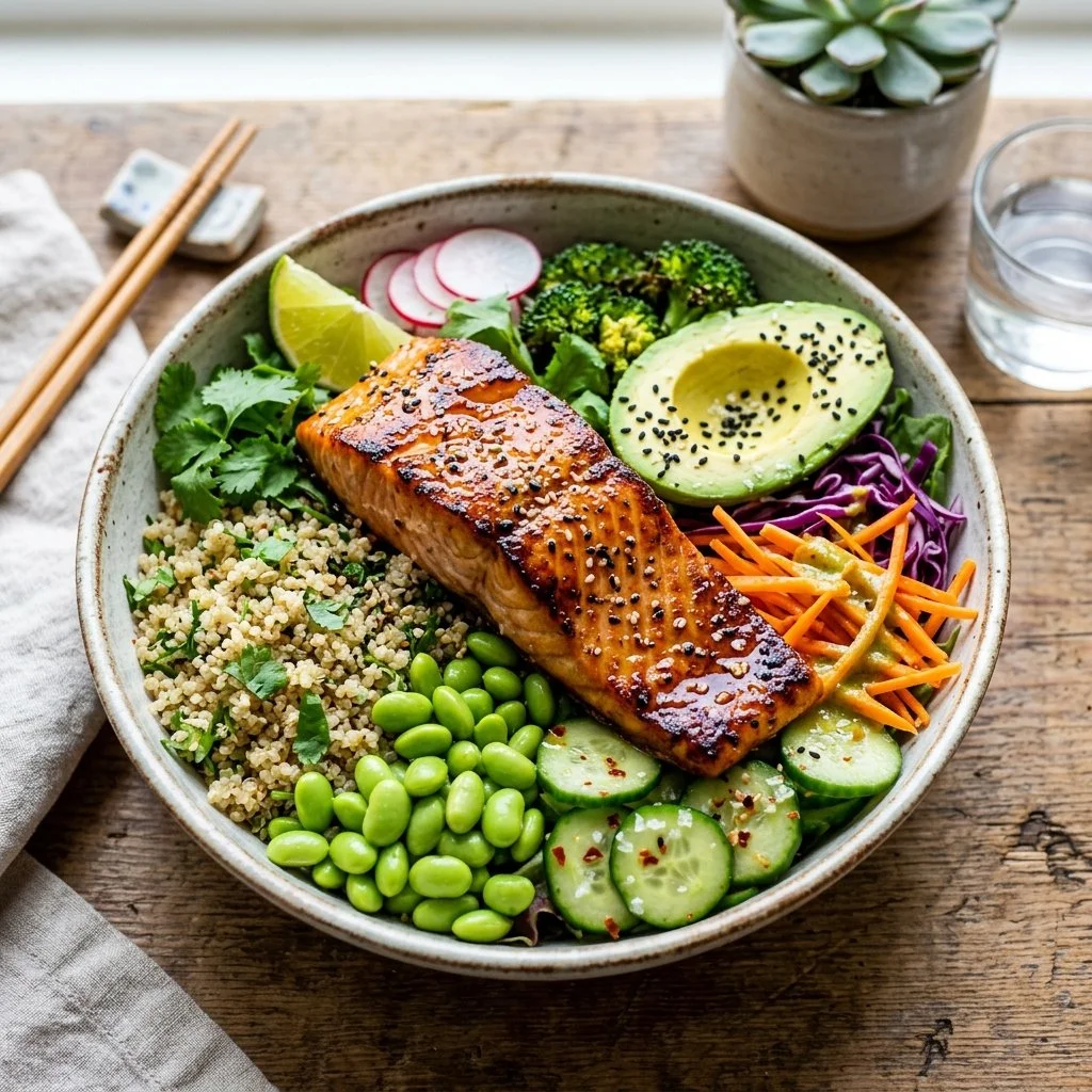 Colorful Salmon Buddha Bowl with vegetables, grains, and healthy toppings