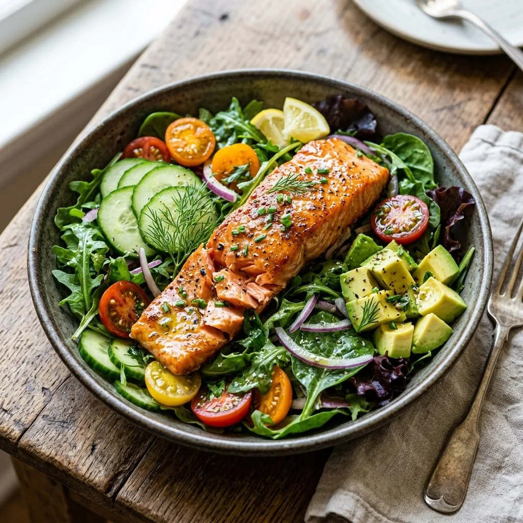 Delicious salmon salad with fresh vegetables and dressing