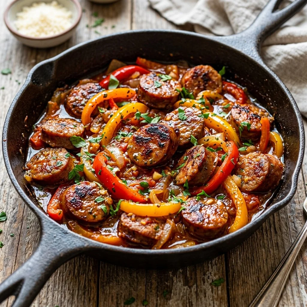 Sausage and peppers skillet dish served in a pan with colorful bell peppers