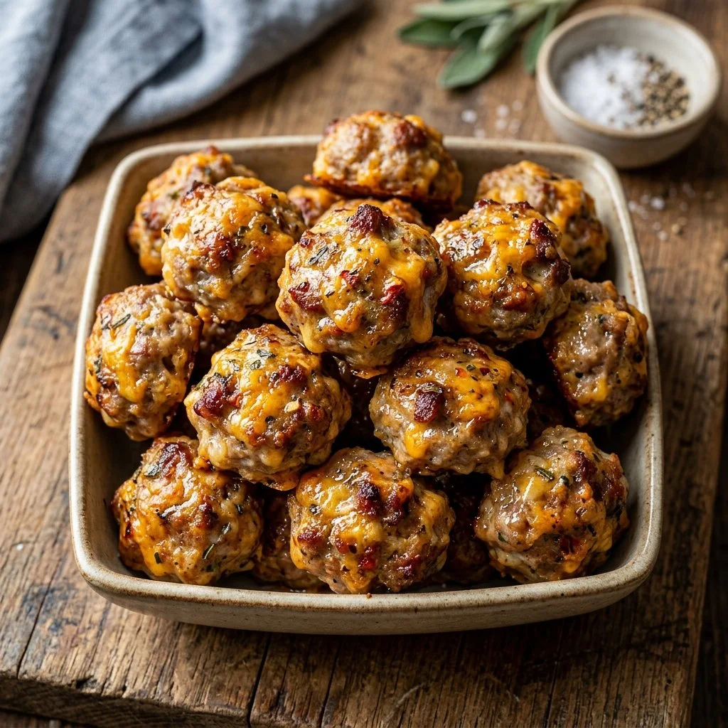 Plate of homemade sausage balls ready for serving at a party