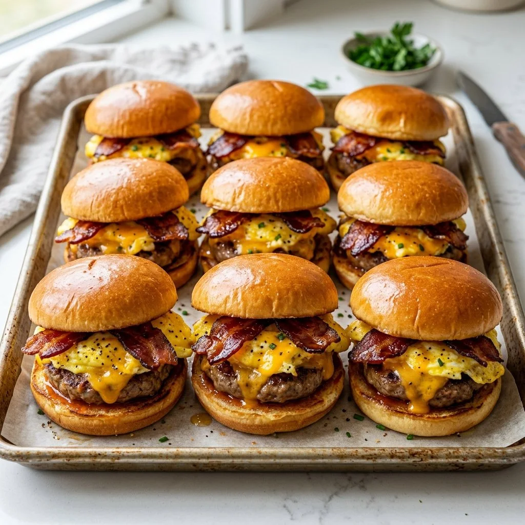 Sheet pan breakfast sandwiches with eggs, cheese, and sausage for a hearty meal.