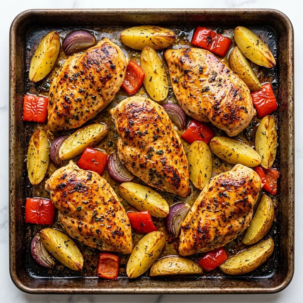 Sheet pan chicken breast with vegetables ready to serve