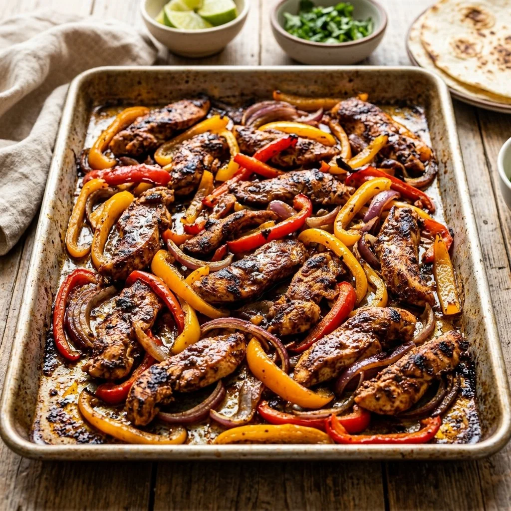Sheet pan chicken fajitas with colorful peppers and onions ready to serve