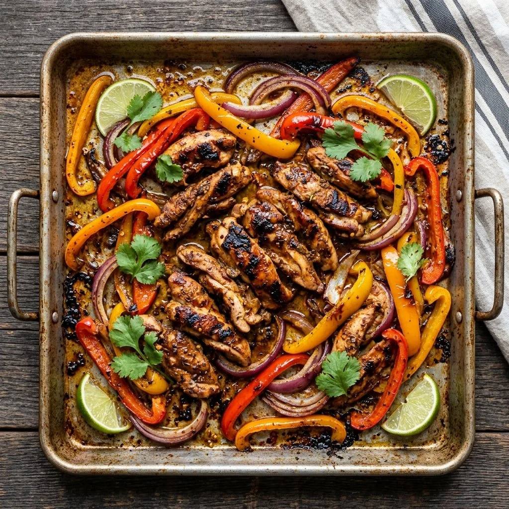 Delicious sheet pan chicken fajitas with vibrant bell peppers and onions.
